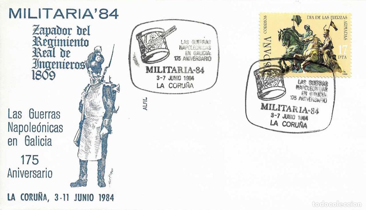 Sellos: MILITARIA 84 GUERRAS NAPOLEONICAS 175 ANIVERSARIO, LA CORU&Ntilde;A 1984 MATASELLOS EN SOBRE DE ALFIL MOD 1