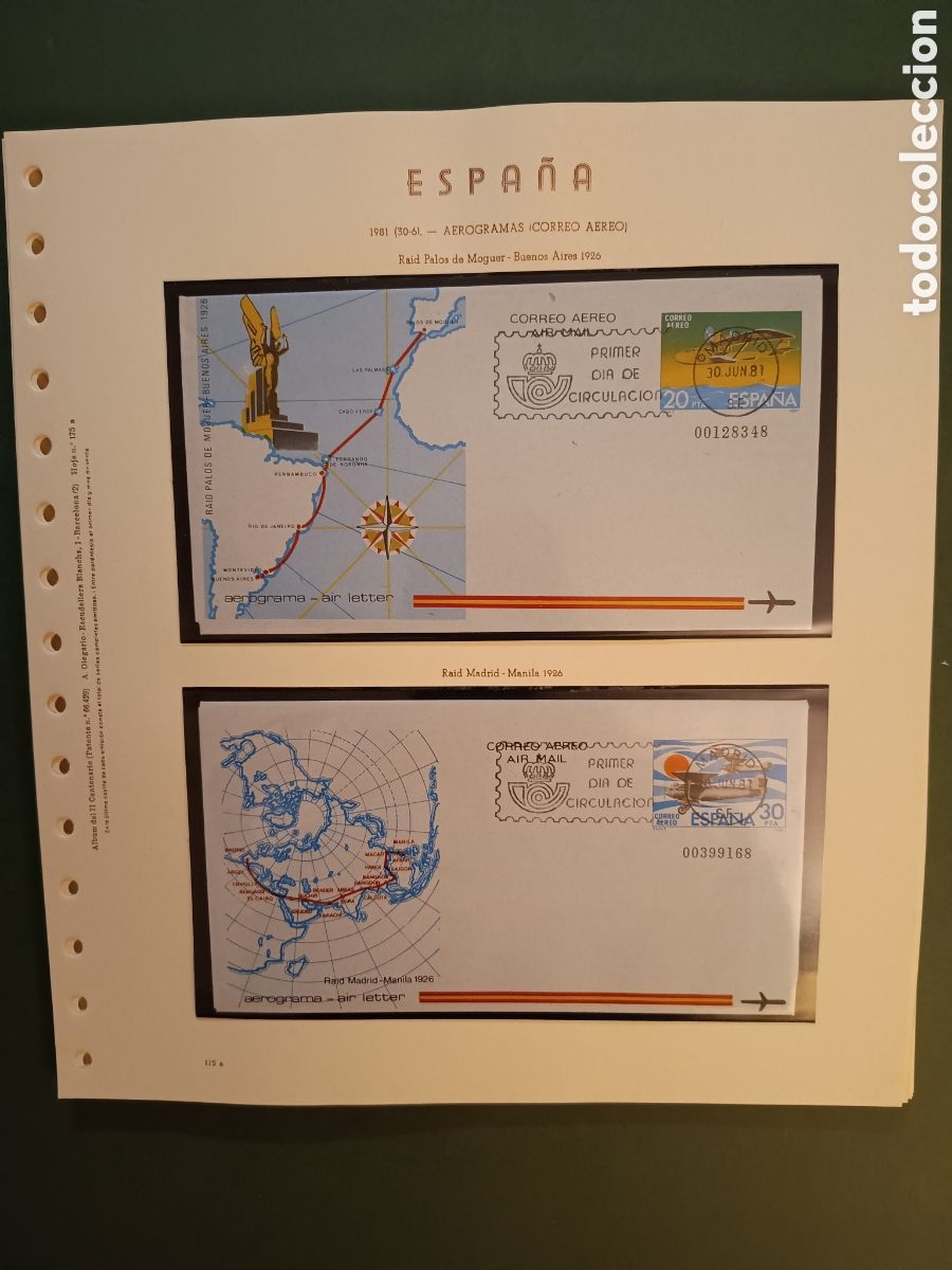 Sellos: 1981 - AEROGRAMA 201 Y 202 EN HOJA OLEGARIO - VUELOS ESPA&Ntilde;OLES MOGUER BUENOS AIRES Y MADRID MANILA