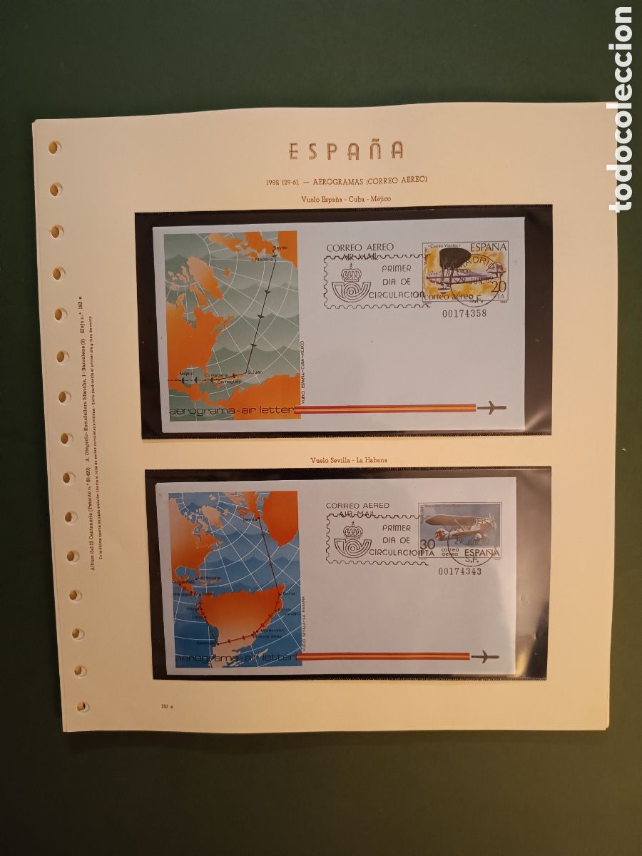 Sellos: 1982 - AEROGRAMA 203 Y 204 EN HOJA OLEGARIO - VUELOS ESPA&Ntilde;OLES ESPA&Ntilde;A CUBA M&Eacute;JICO Y SEVILLA HABANA