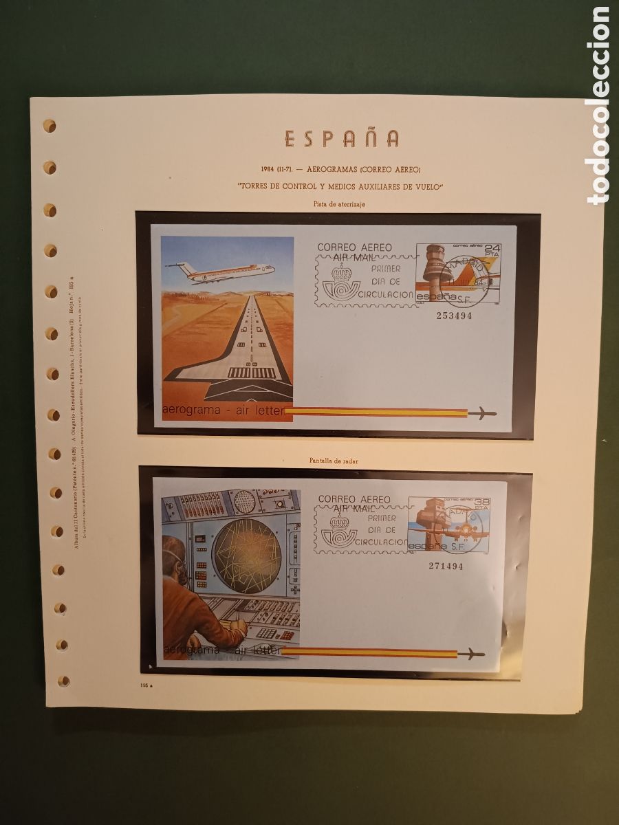 Sellos: 1984 - AEROGRAMA 207 Y 208 EN HOJA OLEGARIO - PISTA DE ATERRIZAJE Y PANTALLA DE RADAR