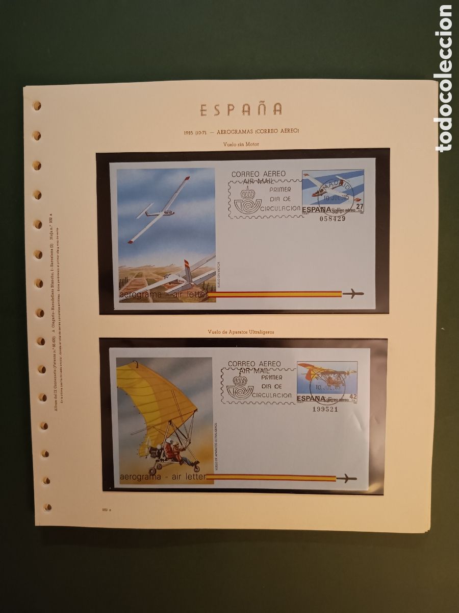 Sellos: 1985 - AEROGRAMA 209 Y 210 EN HOJA OLEGARIO - VUELO SIN MOTOR Y VUELO DE APARATOS ULTRALIGEROS