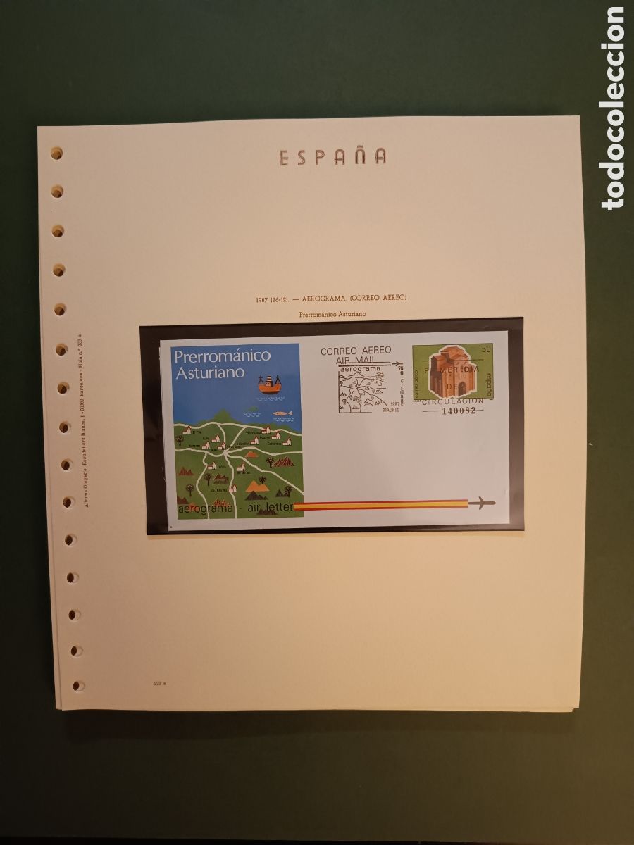 Sellos: 1987 - AEROGRAMA 212 EN HOJA OLEGARIO - PRERROM&Aacute;NICO ASTURIANO