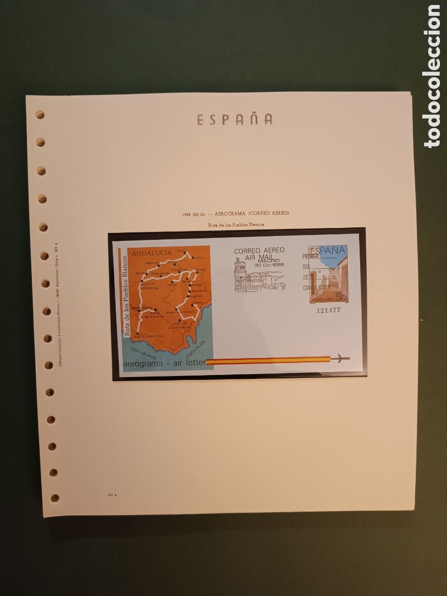 Sellos: 1988 - AEROGRAMA 213 EN HOJA OLEGARIO - RUTA DE LOS PUEBLOS BLANCOS