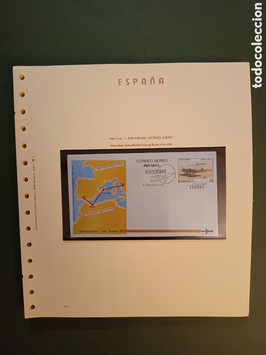 Sellos: 1989 - AEROGRAMA 214 EN HOJA OLEGARIO - L&Iacute;NEA A&Eacute;REA C&Aacute;DIZ - MELILLA - POLLENSA - ROMA