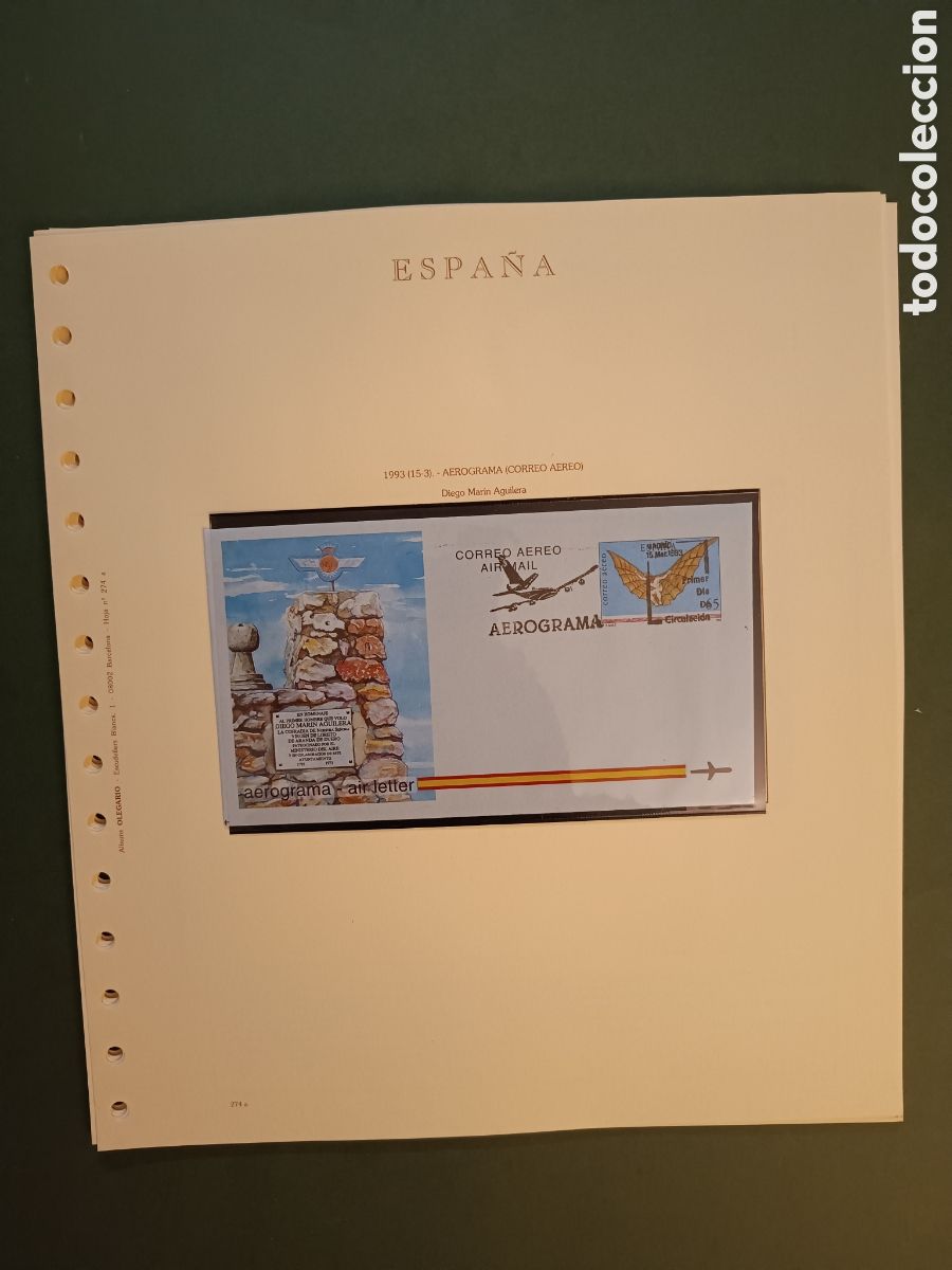 Sellos: 1993 - AEROGRAMA 218 NUEVO EN HOJA OLEGARIO - DIEGO MAR&Iacute;N AGUILERA