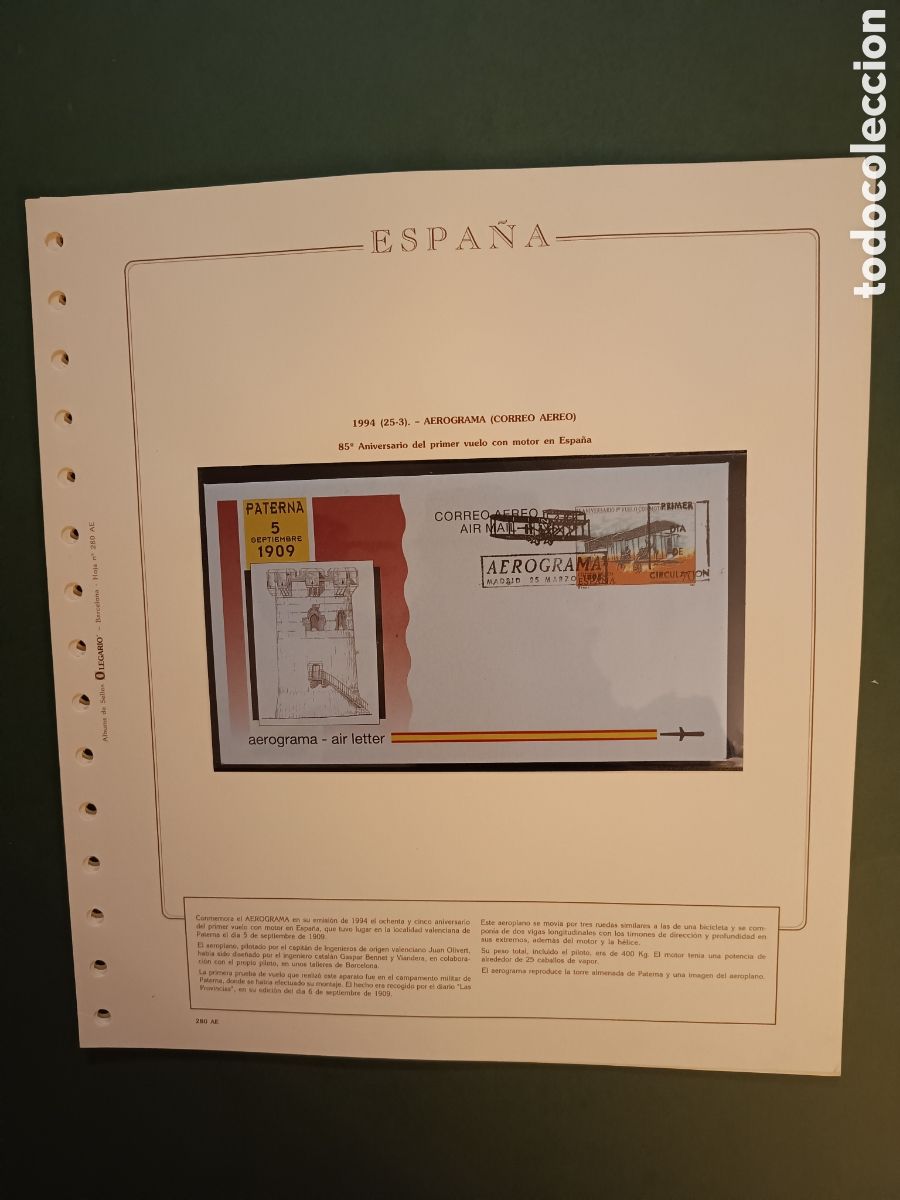 Sellos: 1994 - AEROGRAMA 219 NUEVO EN HOJA OLEGARIO - ANIVERSARIO DEL PRIMER VUELO CON MOTOR EN ESPA&Ntilde;A