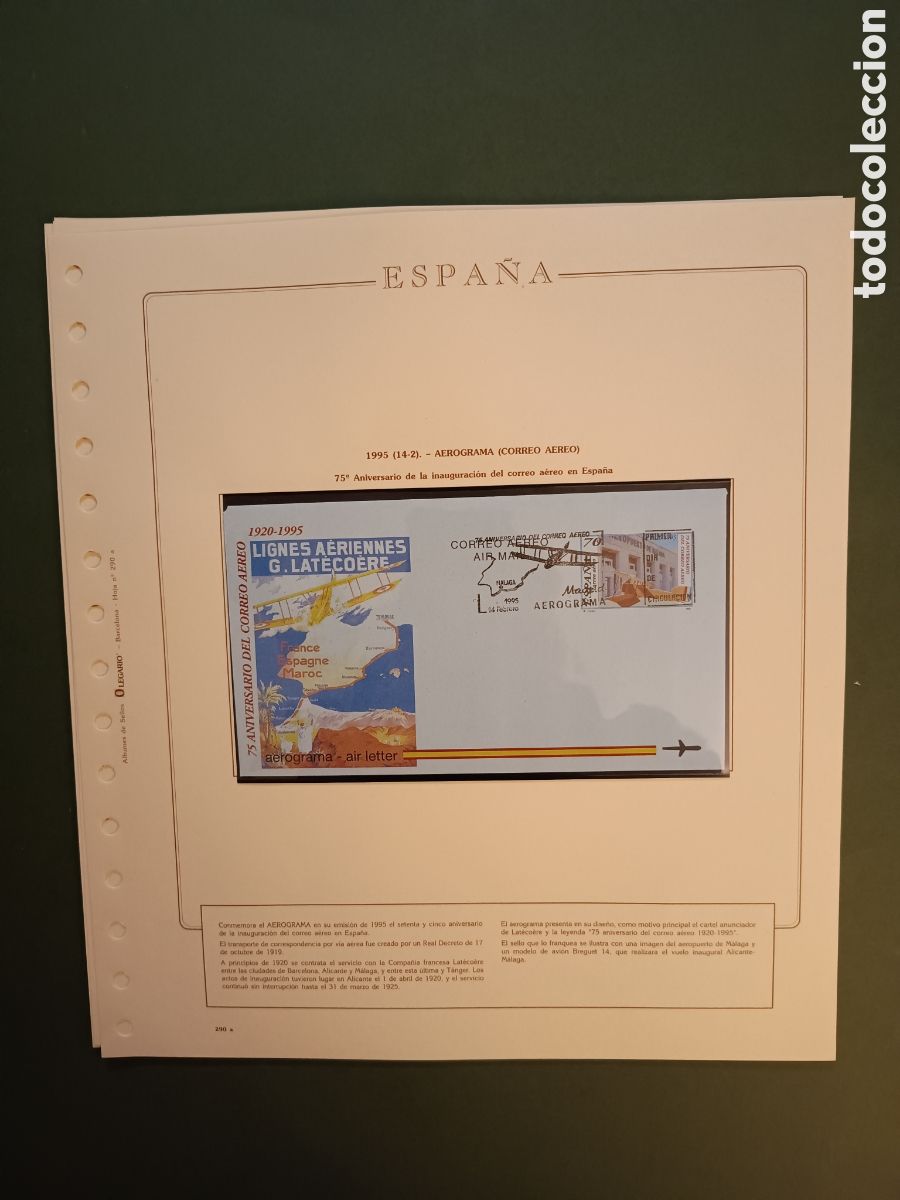 Sellos: 1995 - AEROGRAMA 220 EN HOJA OLEGARIO - 75&deg; ANIVERSARIO INAUGURACI&Oacute;N DEL CORREO A&Eacute;REO EN ESPA&Ntilde;A