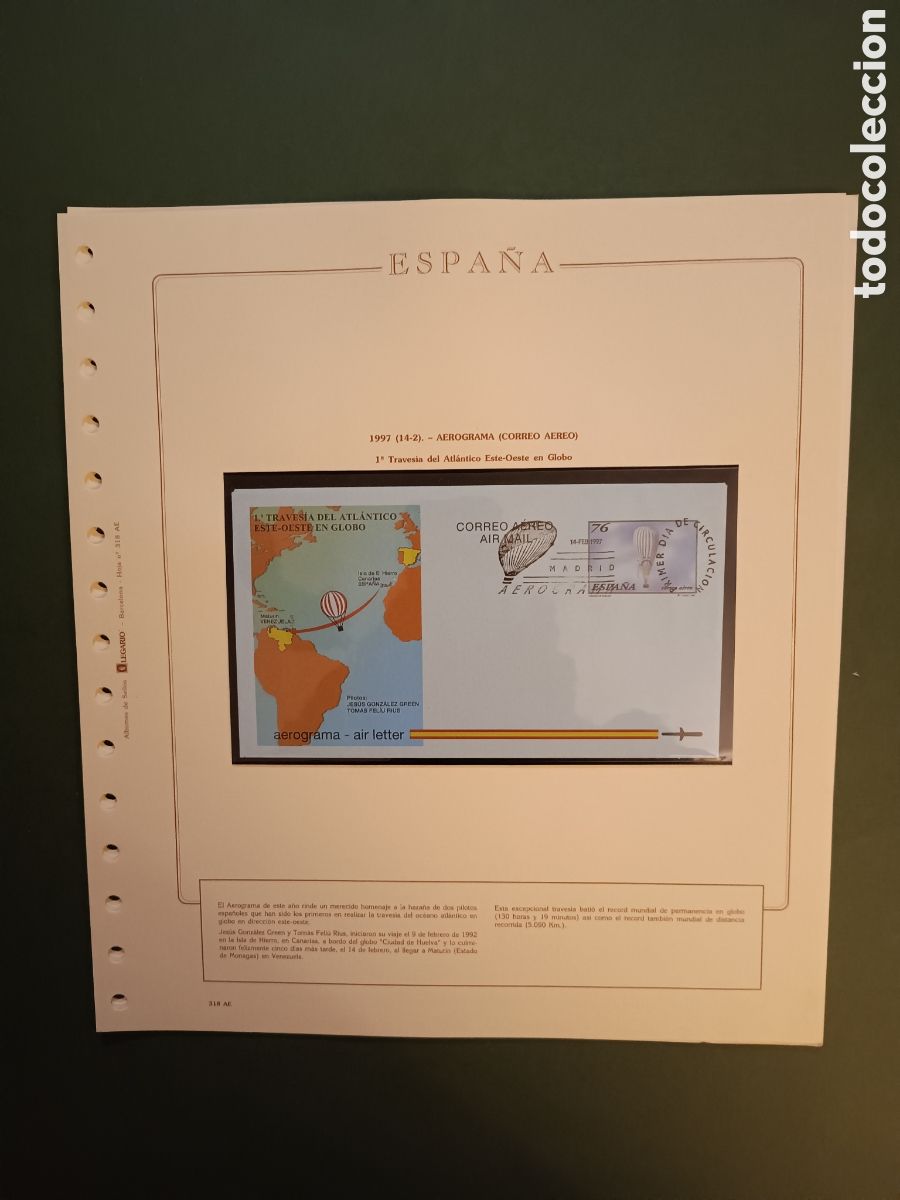 Sellos: 1997 - AEROGRAMA 222 EN HOJA OLEGARIO - PRIMERA TRAVES&Iacute;A DEL OC&Eacute;ANO ATLANTICO EN GLOBO ESTE-OESTE