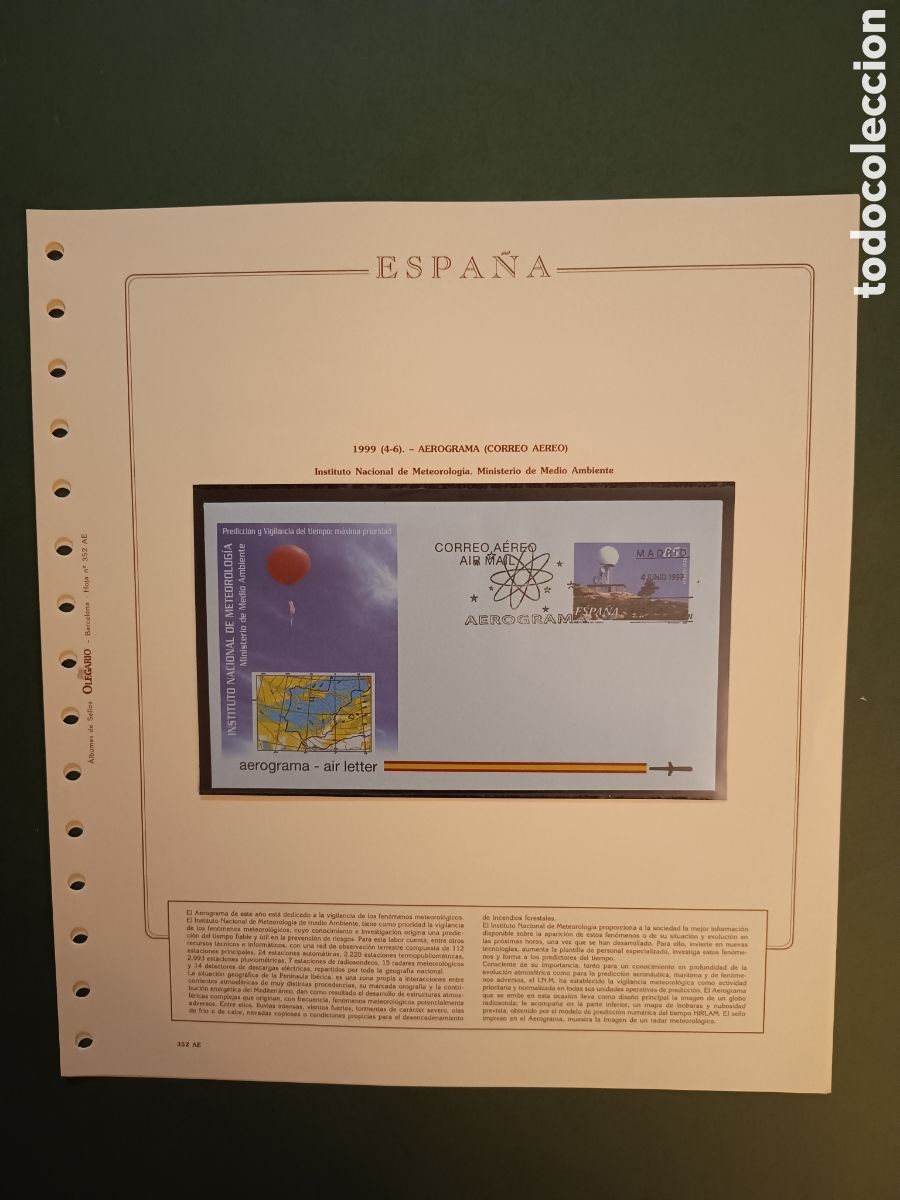 Sellos: 1999 - AEROGRAMA 224 EN HOJA OLEGARIO - INSTITUTO NACIONAL DE METEOROLOGIA