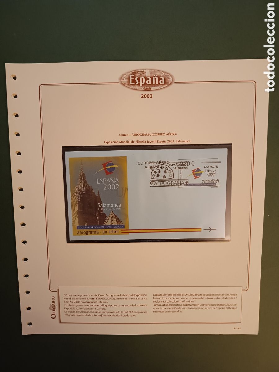Sellos: 2002 - AEROGRAMA 225 NUEVO EN HOJA OLEGARIO - EXPOSICI&Oacute;N MUNDIAL DE FILATELIA JUVENIL SALAMANCA