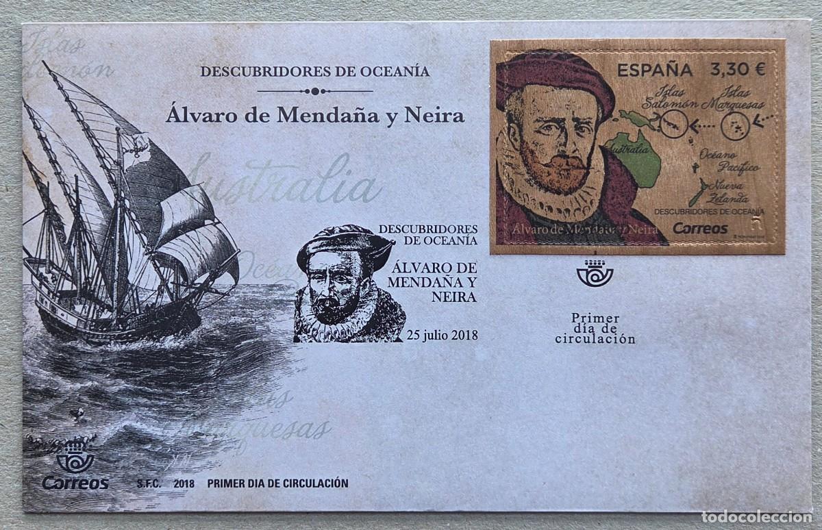 Sellos: 2018. ESPA&Ntilde;A. Sobre SPD. Historia. Descubridores de Ocean&iacute;a. &Aacute;lvaro de Menda&ntilde;a y Neira. Nuevo.