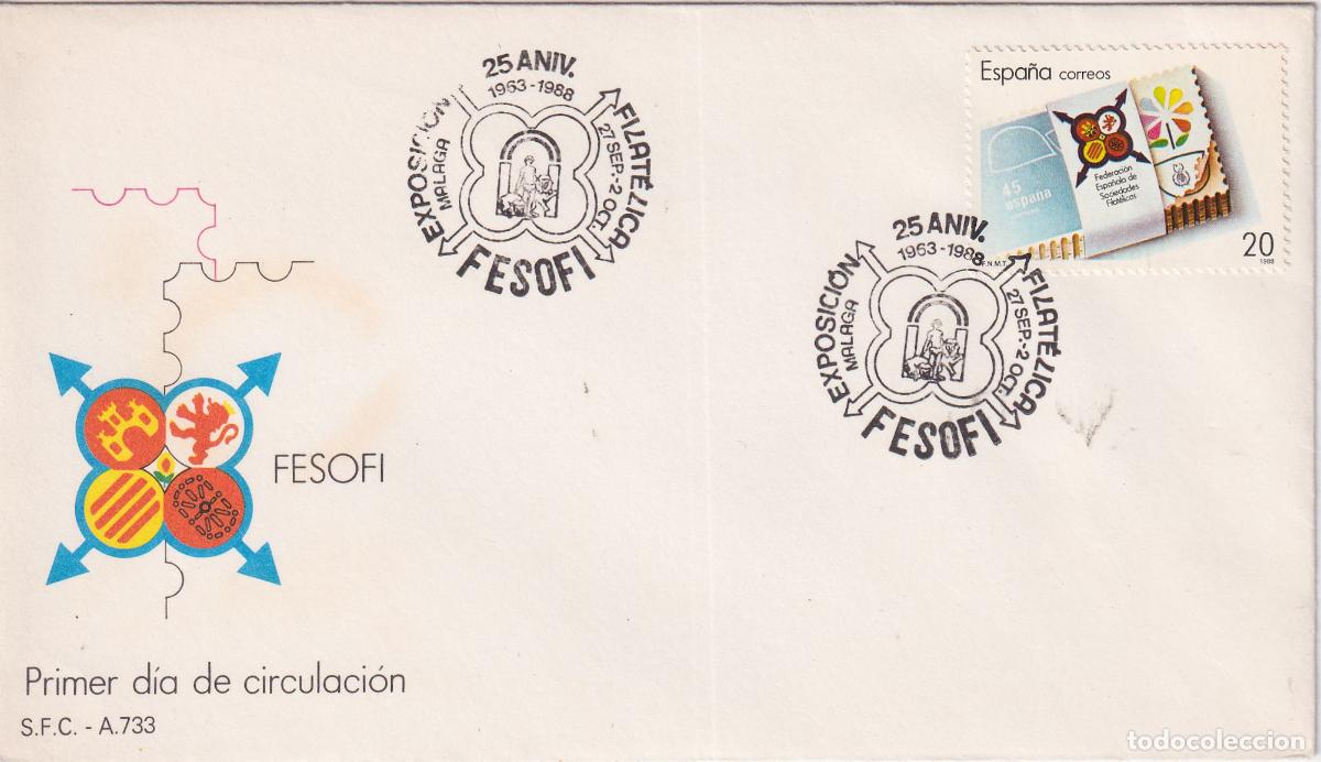 Sellos: S.P.D.C. EXPOSICION 25 ANIV. (1963-1988) &ndash; FILAT&Eacute;LICA FESOFI &ndash; MALAGA 27 SEP&middot; 2 OCT. 1988