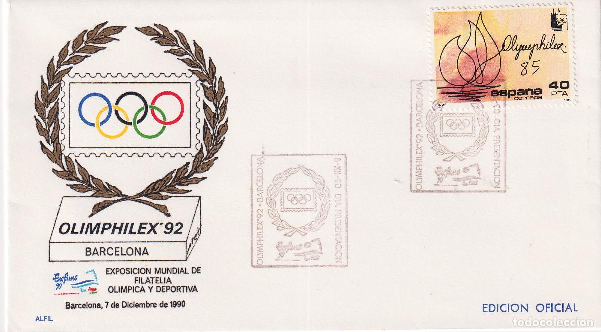 Sellos: S.P.D.C. EXPOSICI&Oacute;N MUNDIAL DE FILATELIA OLIMPICA Y DEPORTIVA &ndash; OLIMPHILEX'92 &ndash; BARCELONA 7 DIC. 199