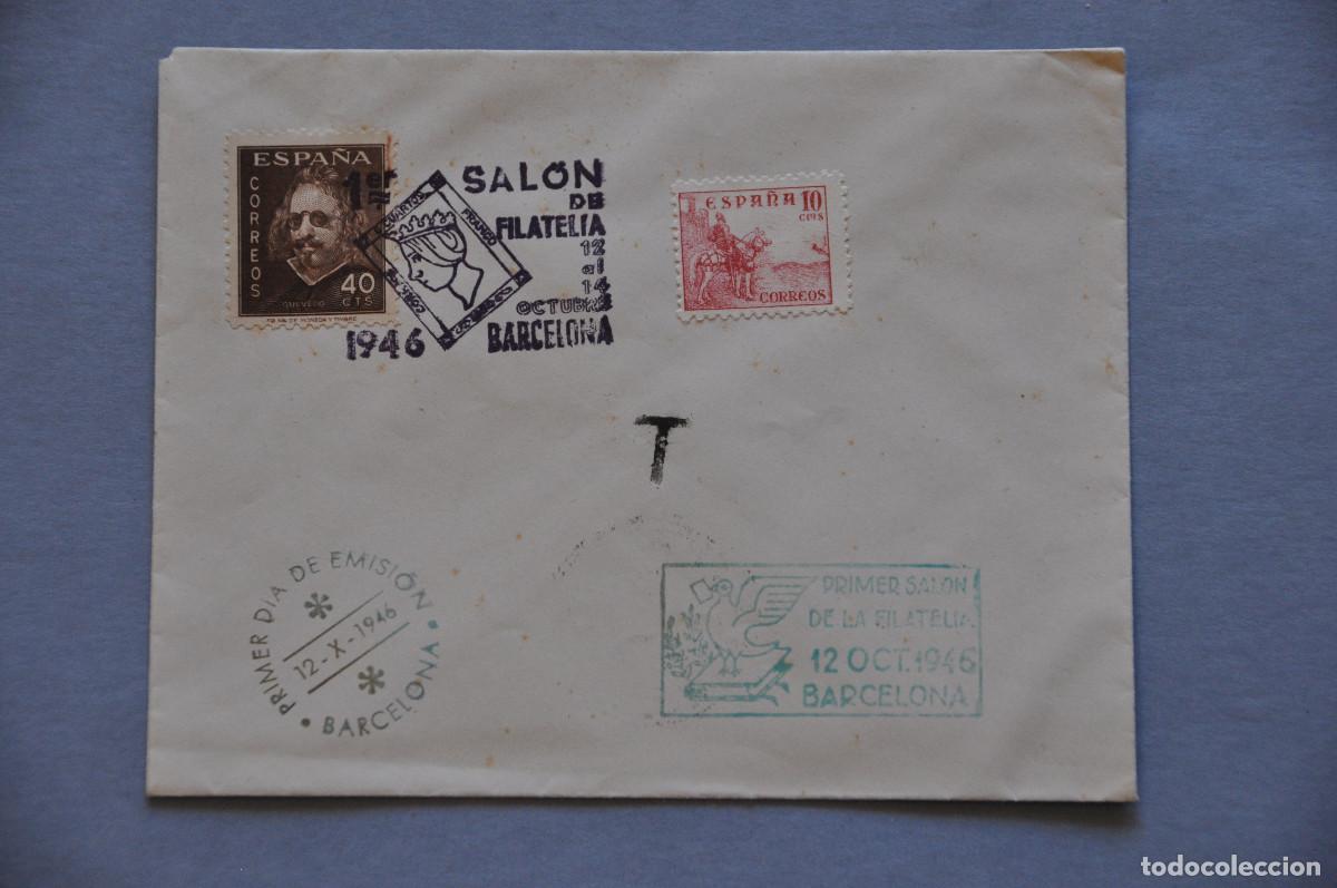 Sellos: SOBRE DEL PRIMER D&Iacute;A DEL SALON DE FILATELIA (BARCELONA 1946)