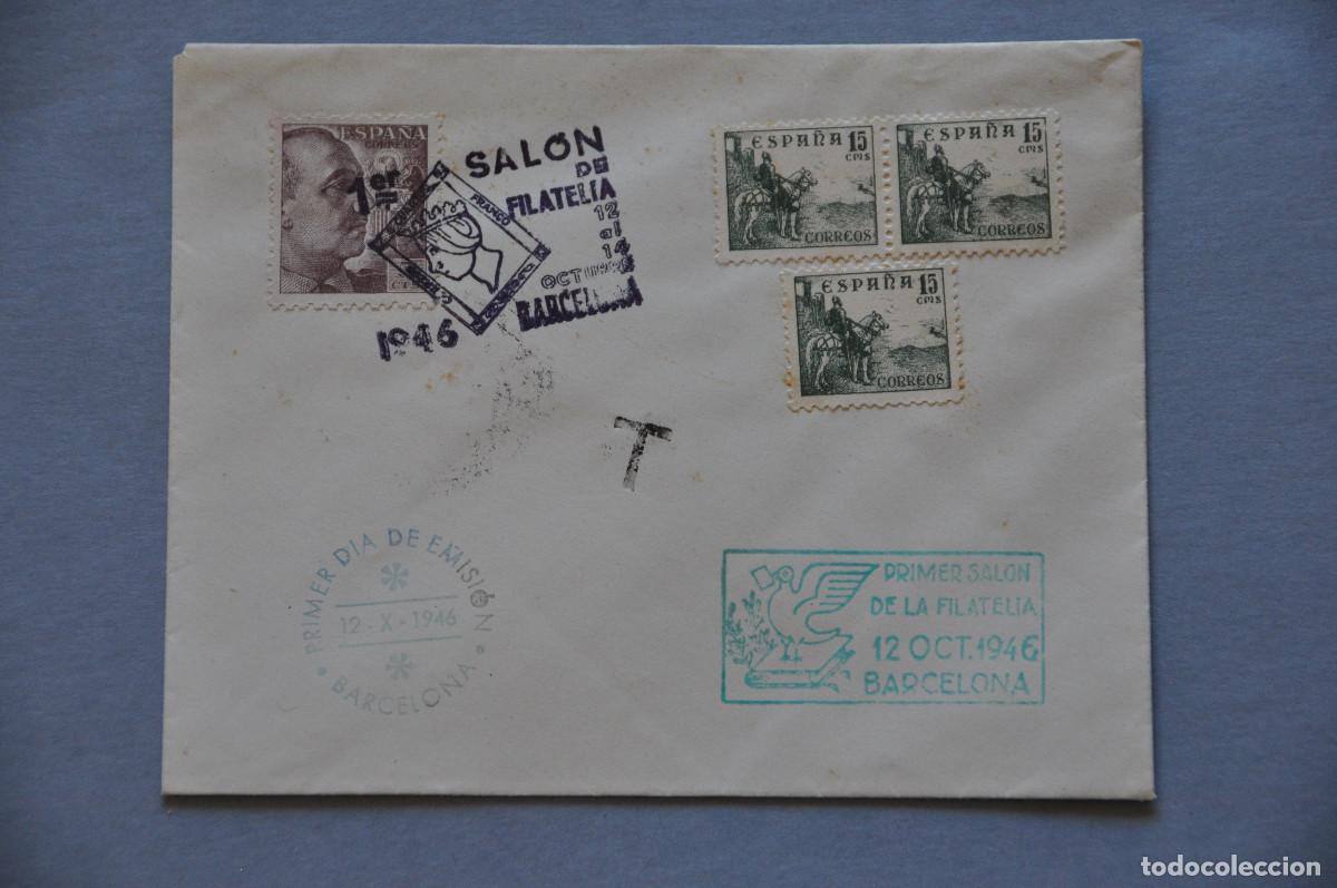 Sellos: SOBRE DEL PRIMER D&Iacute;A DEL SALON DE FILATELIA (BARCELONA 1946)