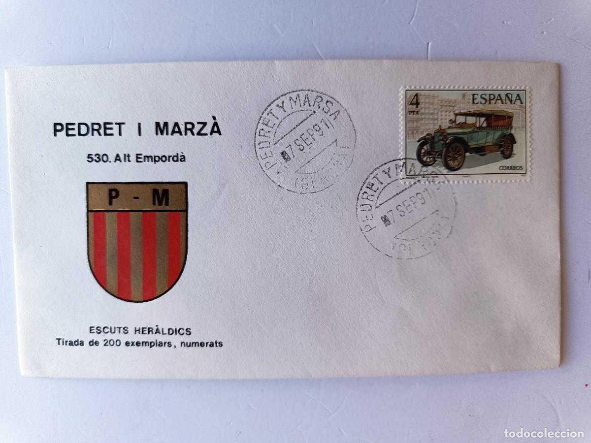 Sellos: MATASELLOS EN SOBRE ILUSTRADO CON ESCUDO DE LA POBLACI&Oacute;N DE PEDRET I MARZ&Agrave; - ALT EMPORD&Agrave; - GERONA