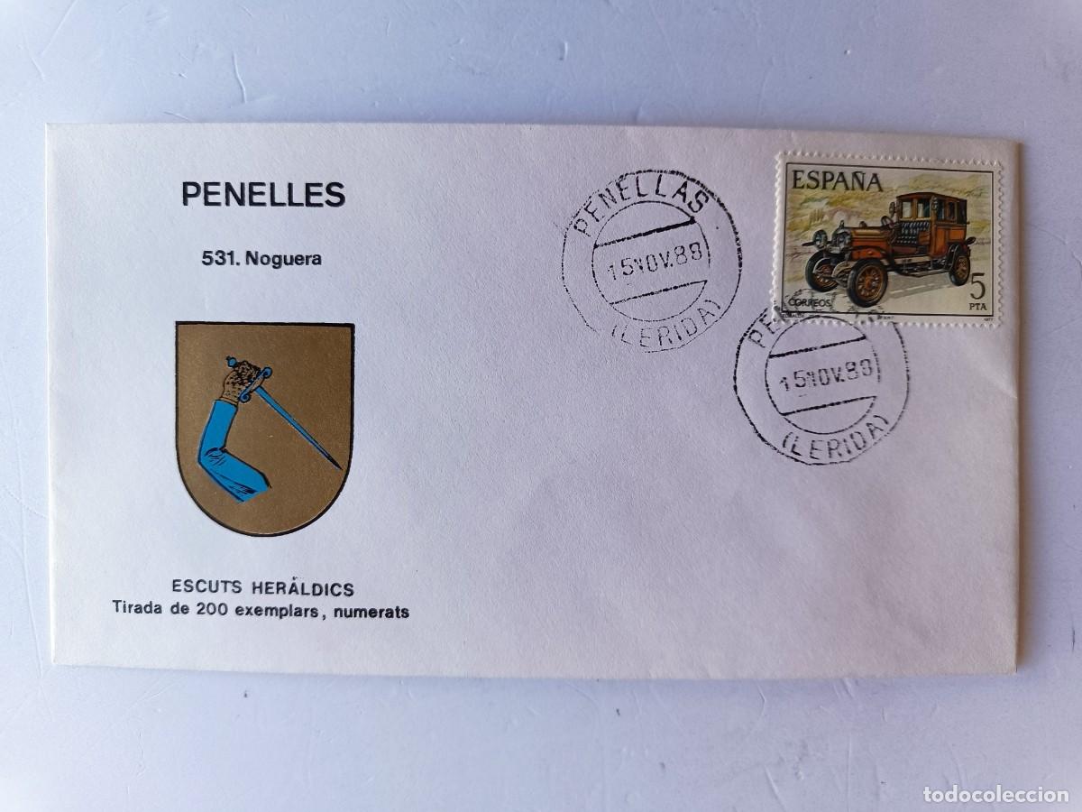 Sellos: MATASELLOS EN SOBRE ILUSTRADO CON ESCUDO DE LA POBLACI&Oacute;N DE PENELLES - NOGUERA - LERIDA