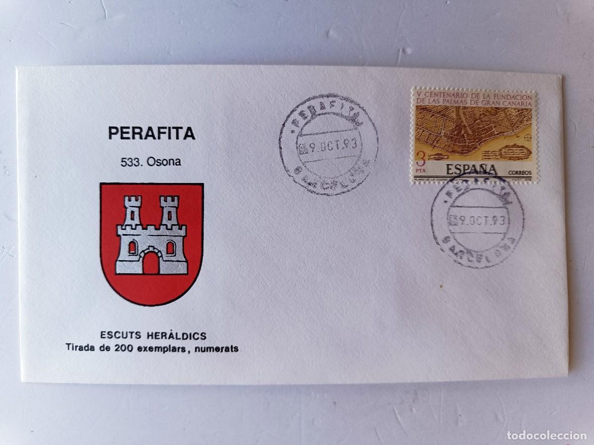 Sellos: MATASELLOS EN SOBRE ILUSTRADO CON ESCUDO DE LA POBLACI&Oacute;N DE PERAFITA - OSONA - BARCELONA