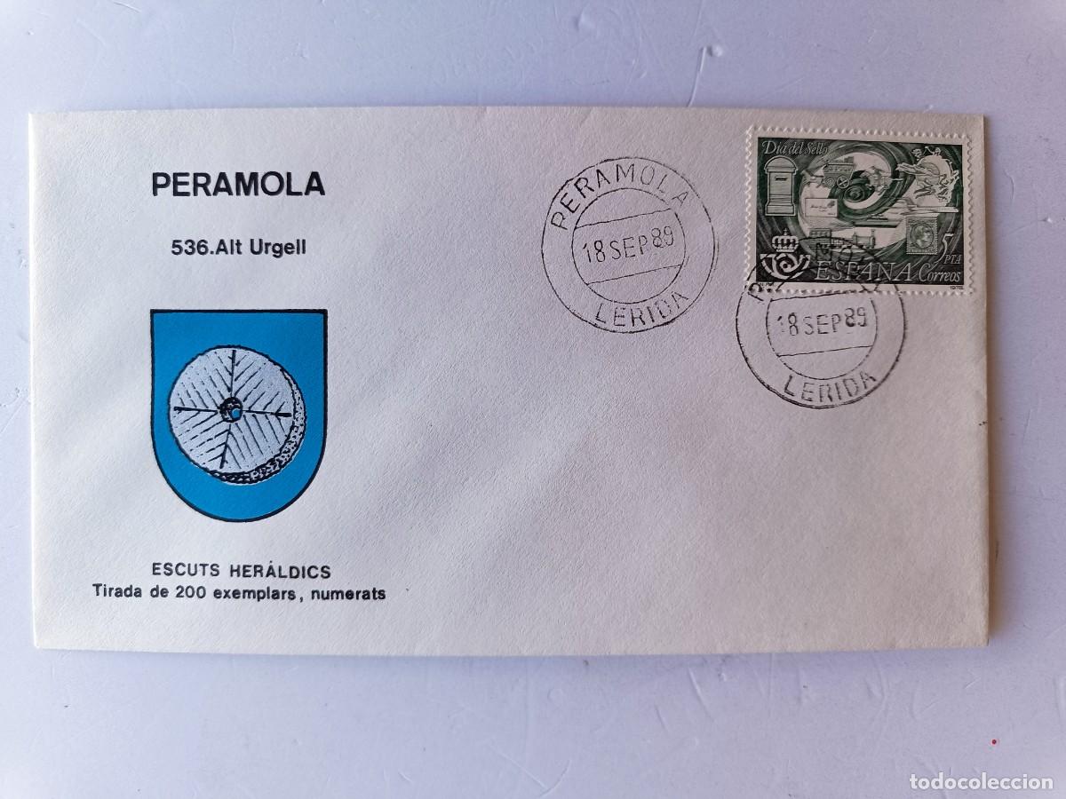 Sellos: MATASELLOS EN SOBRE ILUSTRADO CON ESCUDO DE LA POBLACI&Oacute;N DE PERAMOLA - ALT URGELL - LERIDA