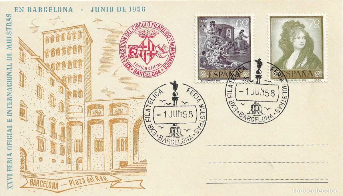 Sellos: EXPOSICION FERIA MUESTRAS, BARCELONA 1 JUNIO 1958. MATASELLOS EN TARJETA EO SERIE F PLAZA DEL REY