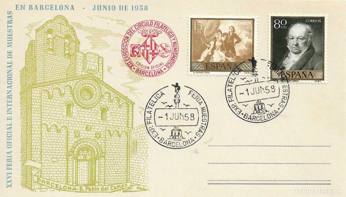 Sellos: EXPOSICION FERIA MUESTRAS, BARCELONA 1 JUNIO 1958. MATASELLOS TARJETA EO SERIE E SAN PABLO DEL CAMPO