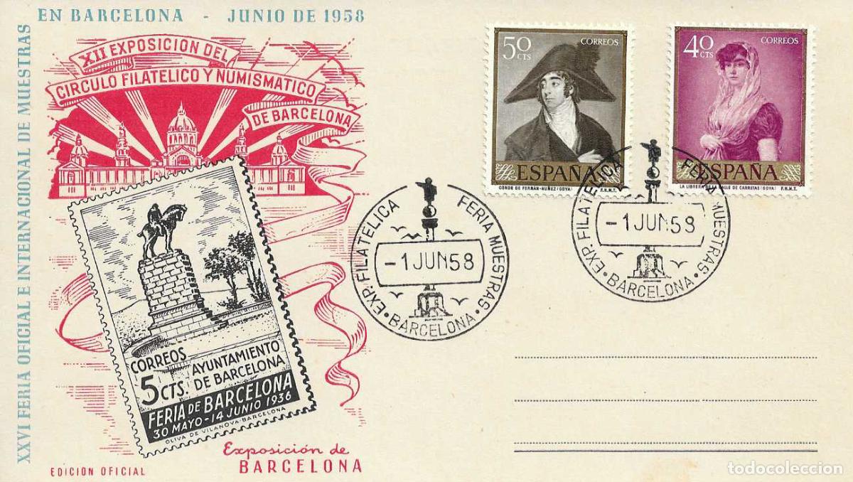Sellos: EXPOSICION FERIA MUESTRAS, BARCELONA 1 JUNIO 1958. MATASELLOS TARJETA EO SERIE D SELLO AYUNTAMIENTO