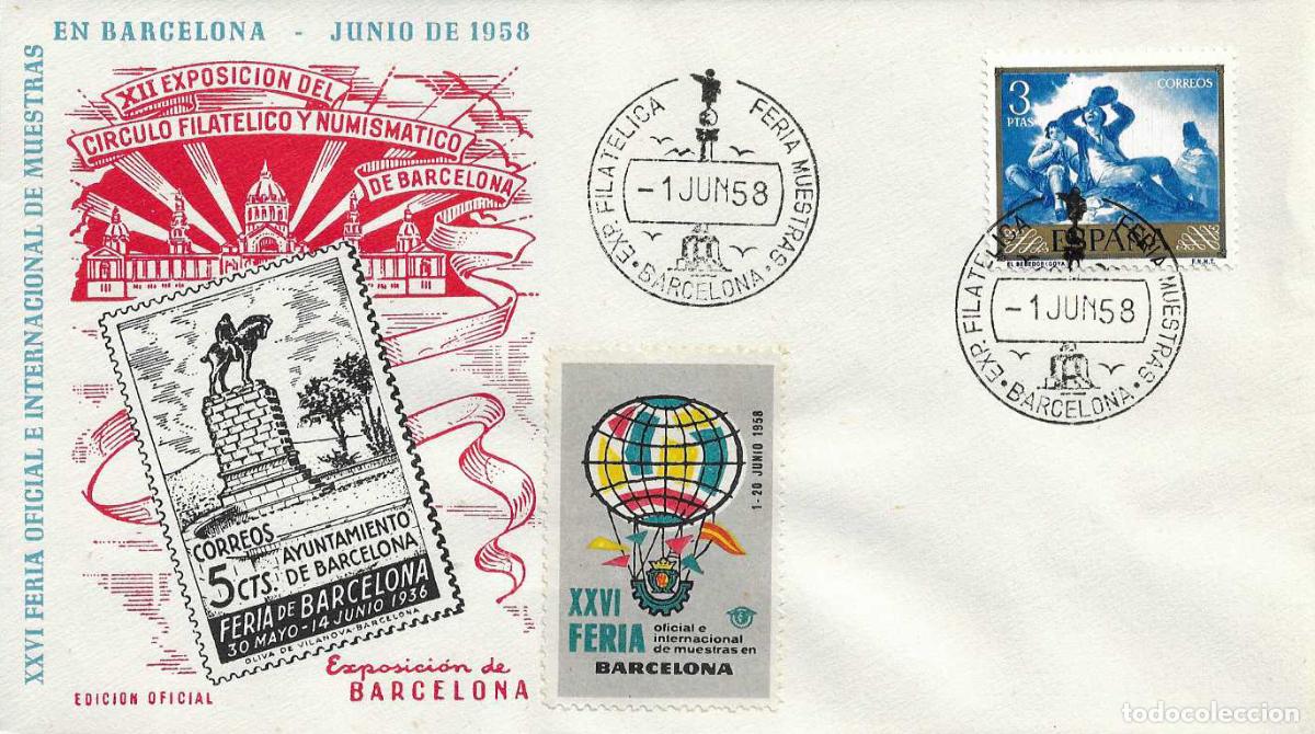 Sellos: EXPOSICION FERIA MUESTRAS, BARCELONA 1 JUNIO 1958. MATASELLOS EN SOBRE EO SERIE A SELLO AYUNTAMIENTO