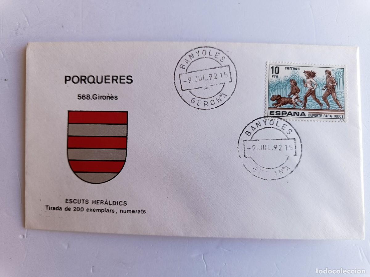 Sellos: MATASELLOS EN SOBRE ILUSTRADO CON ESCUDO DE LA POBLACI&Oacute;N DE PORQUERES - GIRON&Eacute;S - GERONA