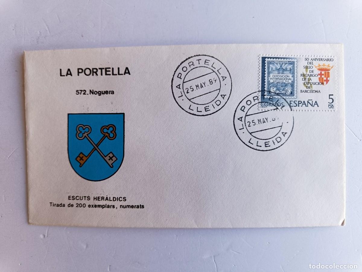 Sellos: MATASELLOS EN SOBRE ILUSTRADO CON ESCUDO DE LA POBLACI&Oacute;N DE LA PORTELLA - NOGUERA - LERIDA