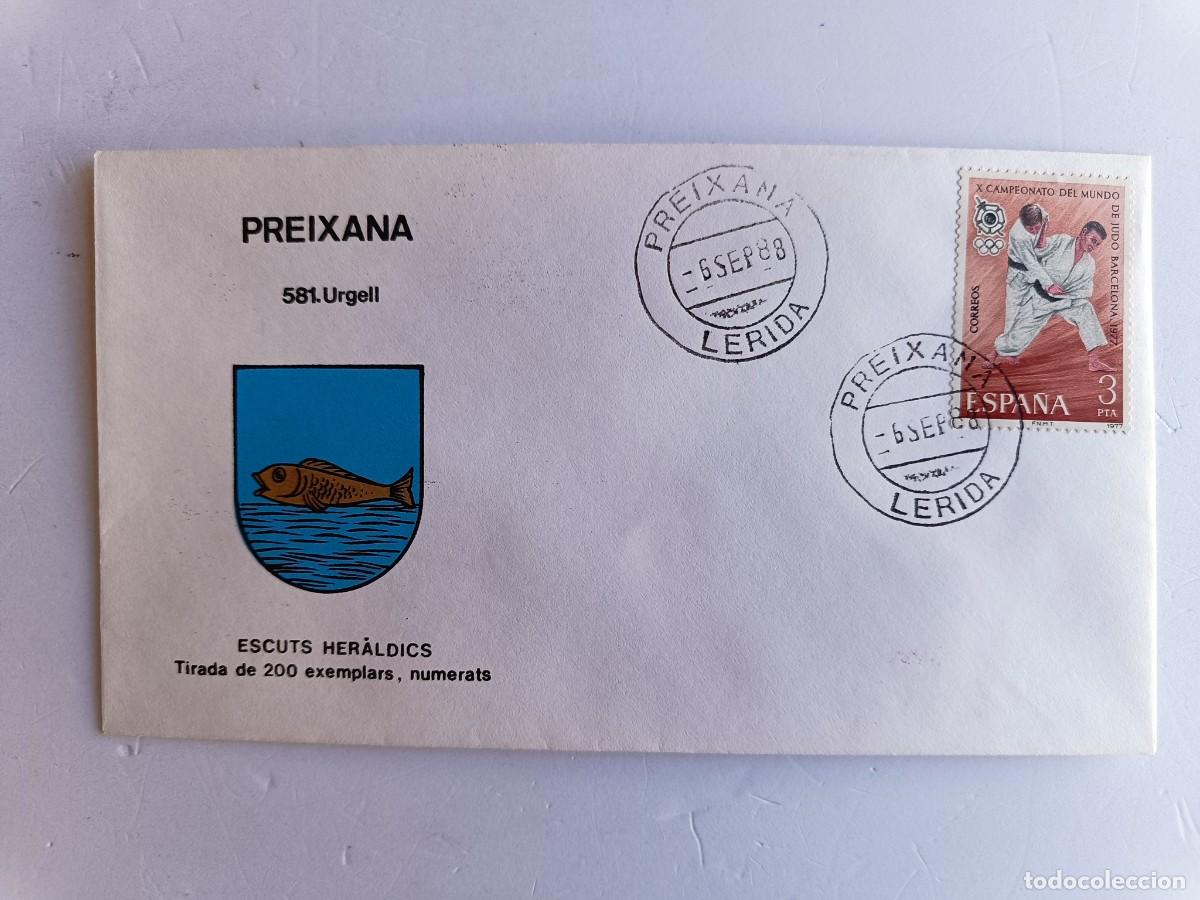 Sellos: MATASELLOS EN SOBRE ILUSTRADO CON ESCUDO DE LA POBLACI&Oacute;N DE PREIXANA - URGELL