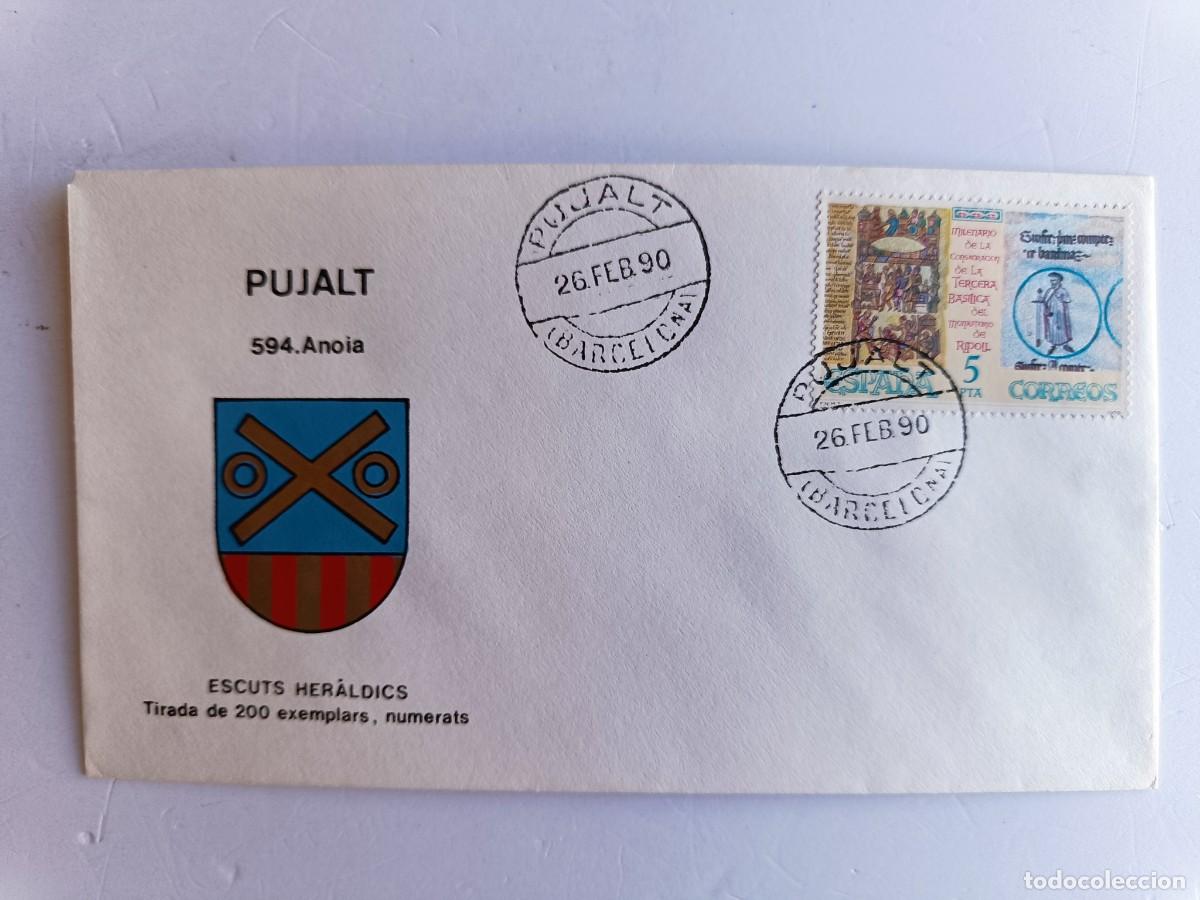 Sellos: MATASELLOS EN SOBRE ILUSTRADO CON ESCUDO DE LA POBLACI&Oacute;N DE PUJALT - ANOIA