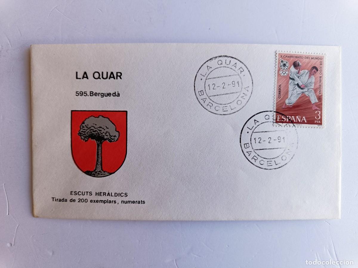 Sellos: MATASELLOS EN SOBRE ILUSTRADO CON ESCUDO DE LA POBLACI&Oacute;N DE LA QUAR - BERGUED&Agrave;