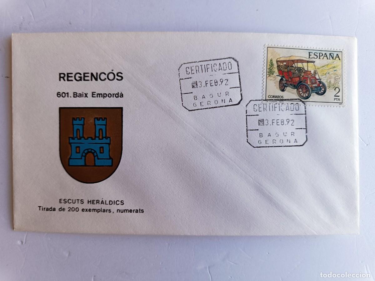 Sellos: MATASELLOS EN SOBRE ILUSTRADO CON ESCUDO DE LA POBLACI&Oacute;N DE REGENC&Oacute;S - BAIX EMPORD&Agrave;