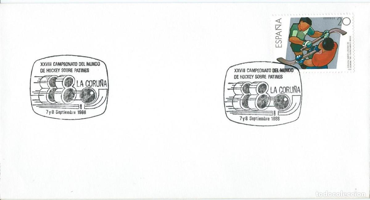 Sellos: 1988. CORU&Ntilde;A. MATASELLOS/POSTMARK. CAMP. MUNDIAL HOCKEY PATINES. ROLLER HOCKEY. DEPORTES/SPORTS.