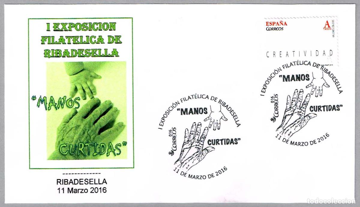 Sellos: Matasellos I EXP. FILATELICA DE RIBADESELLA - MANOS CURTIDAS. Ribadesella, Asturias, 2016