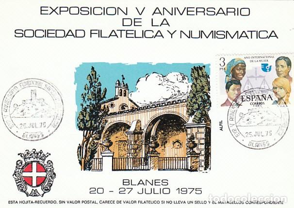 Sellos: 1975, BLANES, 5&ordm; ANIVERSARIO DE LA ASOVIACION FILATELICA, HOJA RECUERDO