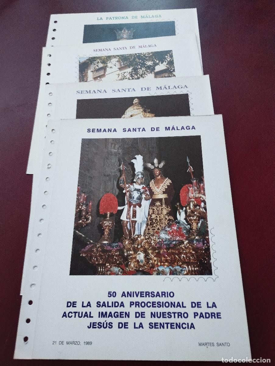 Sellos: 4 DOCUMENTOS FILATELICOS CON SELLOS SEMANA SANTA DE MALAGA