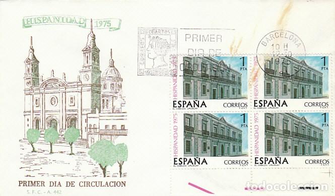Sellos: EDIFIL 2293, HISPANIDAD 1975, CABILDO DE MONTEVIDEO,URUGUAY, PRIMER DIA 12-10-1975 BLOQUE 4 SFC RARO