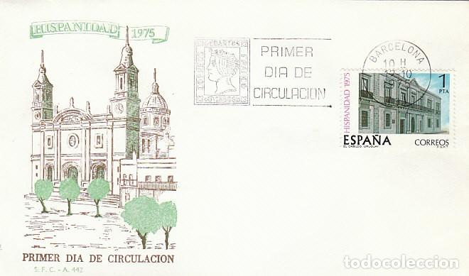 Sellos: EDIFIL 2293, HISPANIDAD 1975, CABILDO DE MONTEVIDEO,URUGUAY, PRIMER DIA 12-10-1975, SFC