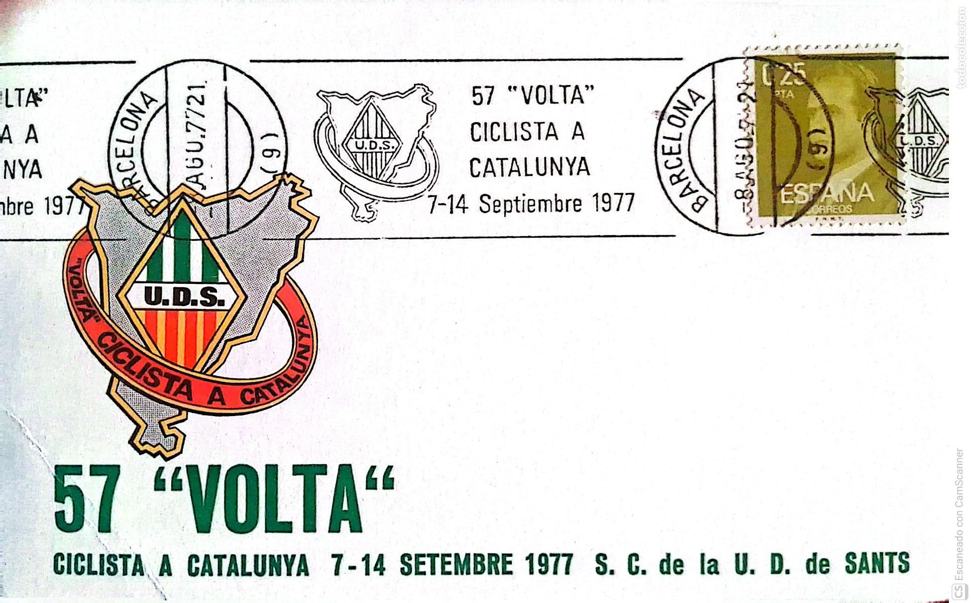 Sellos: 57 Volta Ciclista a Catalunya. 7/14 setembre 1977. S.C. de la U.D. de Sants. Matasello: 8.Ago. 77 Ba