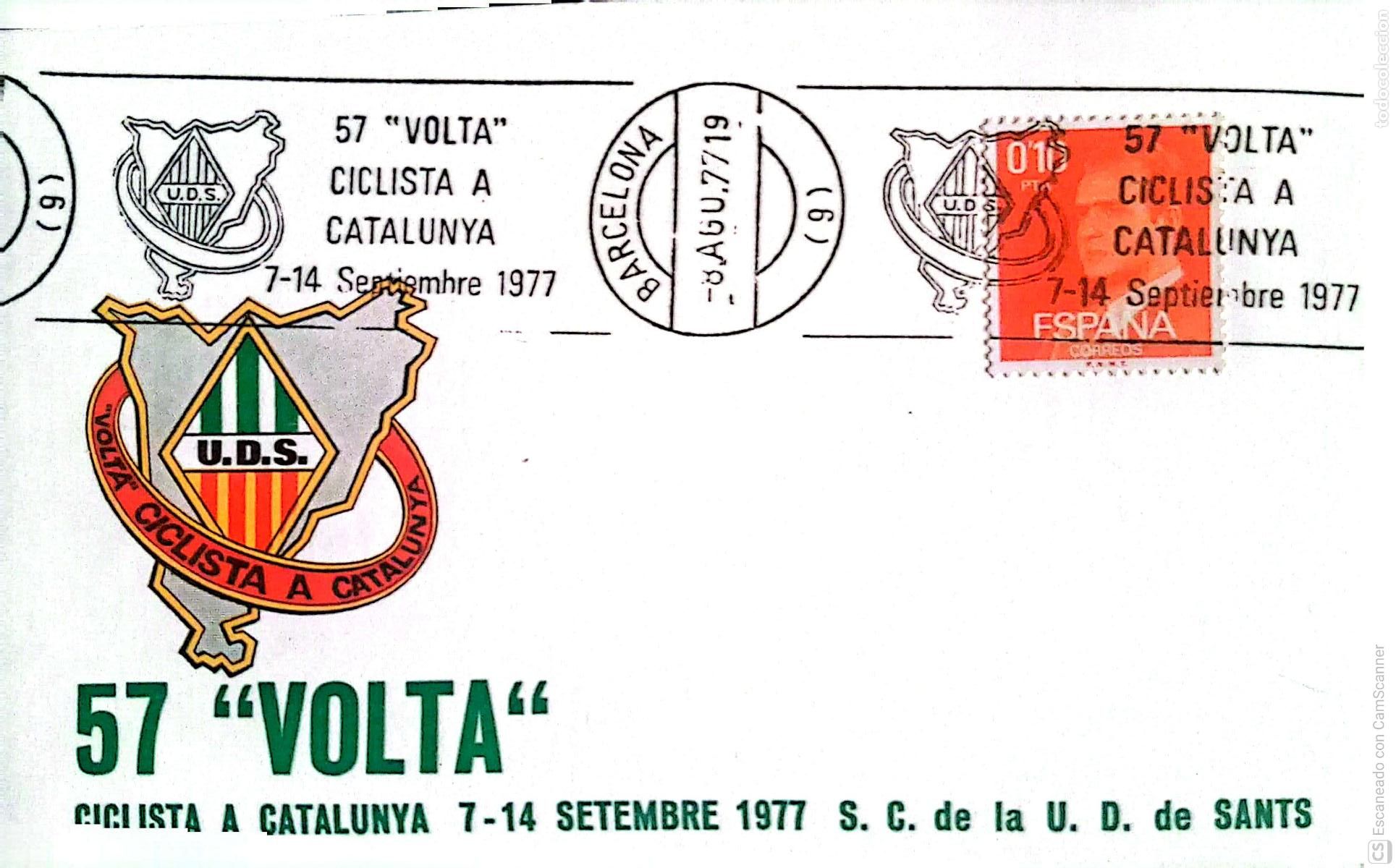 Sellos: 57 Volta Ciclista a Catalunya. 7/14 setembre 1977. S.C. de la U.D. de Sants. Matasello: 8.Ago. 77 Ba