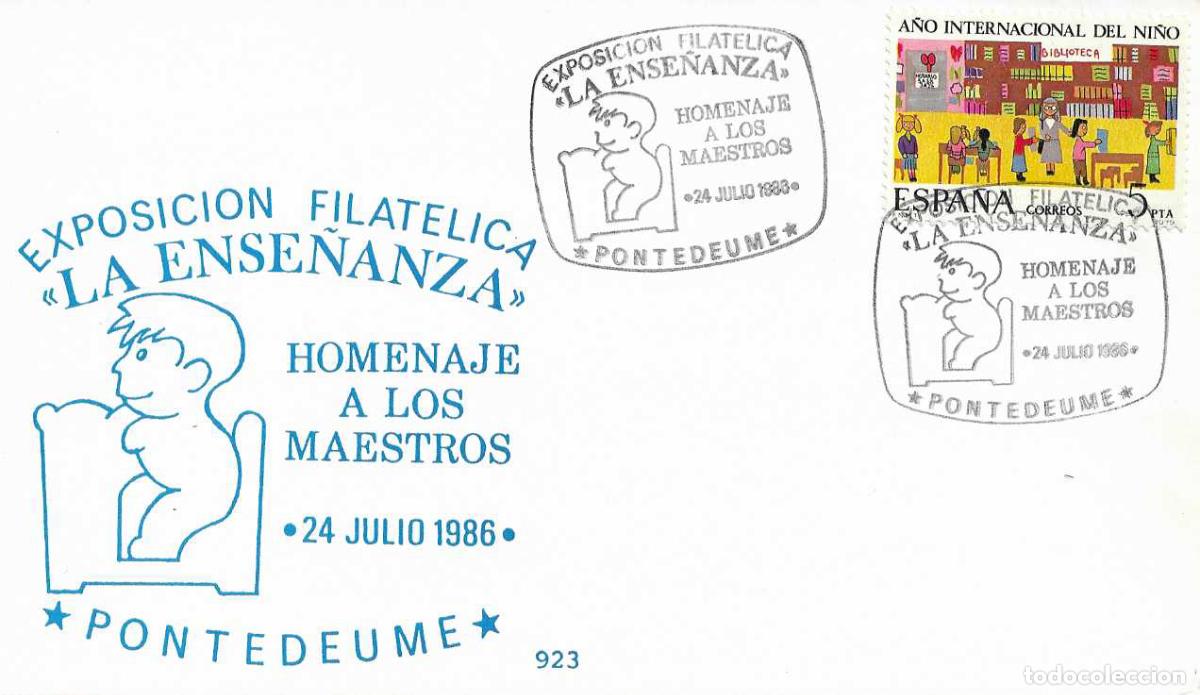 Sellos: LA ENSE&Ntilde;ANZA HOMENAJE A LOS MAESTROS, PONTEDEUME (A CORU&Ntilde;A) 1986. RARO MATASELLOS TARJETA ILUSTRADA