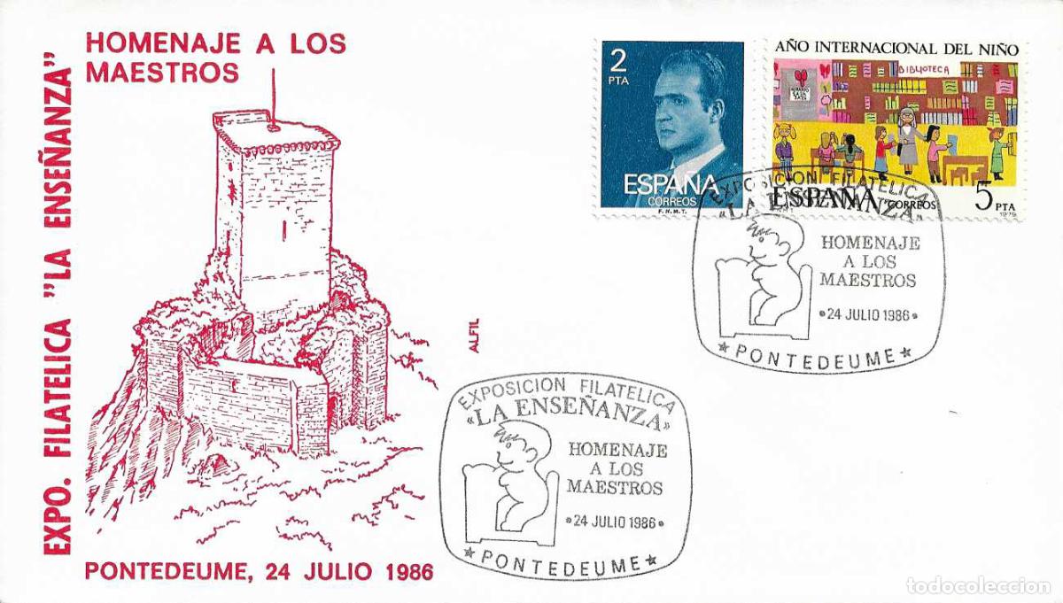 Sellos: LA ENSE&Ntilde;ANZA HOMENAJE A LOS MAESTROS, PONTEDEUME (A CORU&Ntilde;A) 1986. RARO MATASELLOS EN SOBRE DE ALFIL