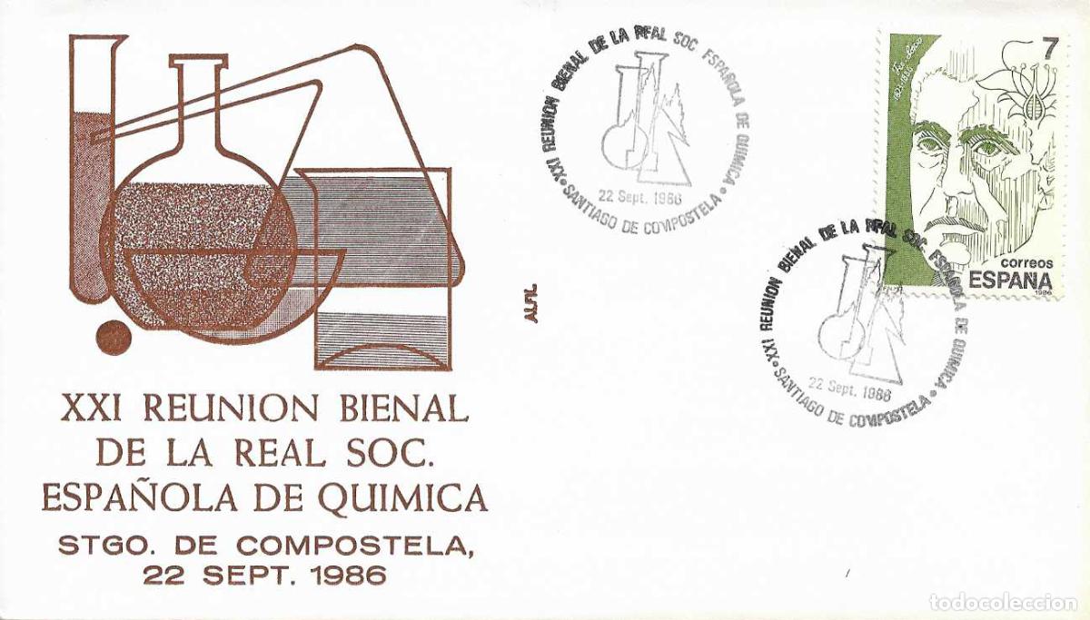 Sellos: QUIMICA XXI REUNION BIENAL, SANTIAGO DE COMPOSTELA (CORU&Ntilde;A) 1986. RARO MATASELLOS EN SOBRE DE ALFIL