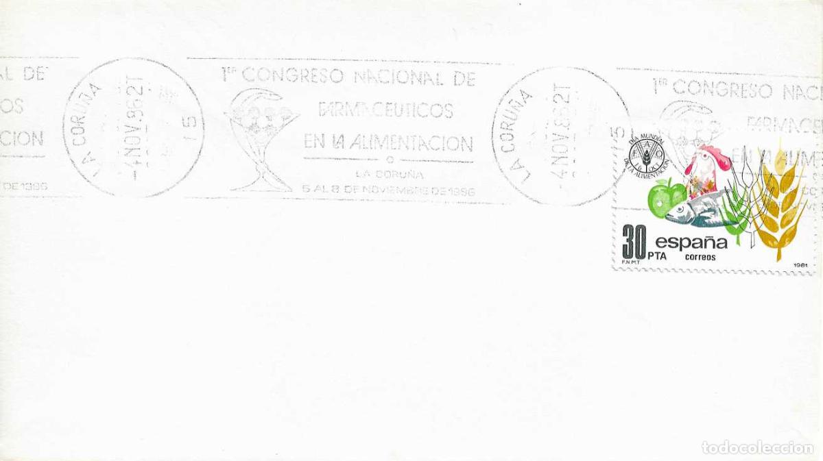 Sellos: FARMACIA FARMACEUTICOS EN LA ALIMENTACION I CONGRESO, LA CORU&Ntilde;A 1986. RARO MATASELLOS RODILLO SOBRE