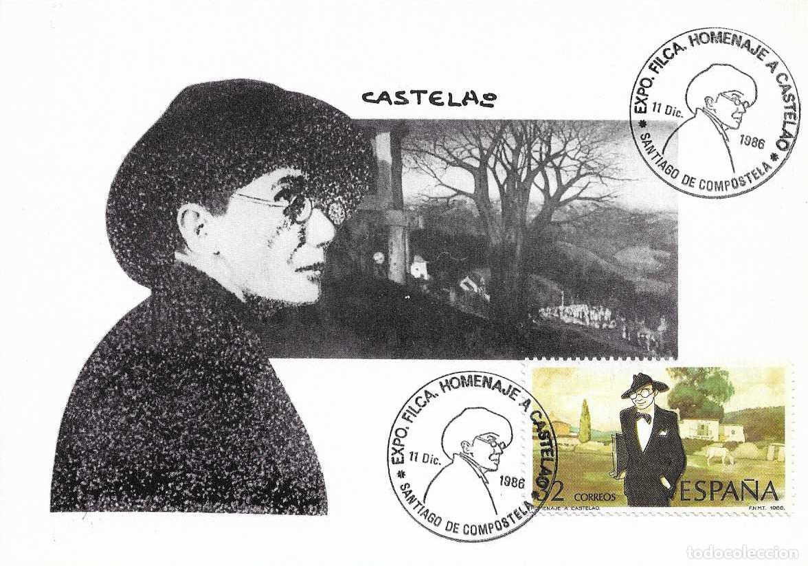 Sellos: CASTELAO EXPOSICION HOMENAJE, SANTIAGO DE COMPOSTELA (LA CORU&Ntilde;A) 1986 RARO MATASELLOS BONITA TARJETA