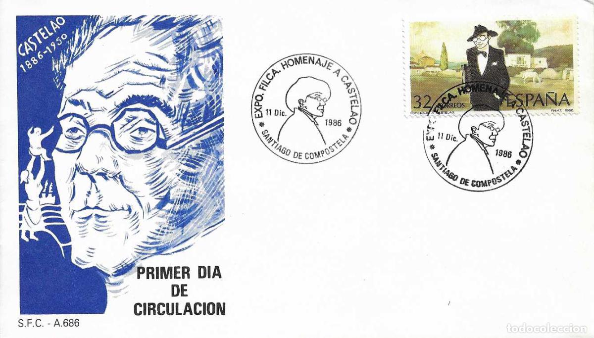 Sellos: CASTELAO EXPOSICION HOMENAJE, SANTIAGO DE COMPOSTELA (LA CORU&Ntilde;A) 1986. RARO MATASELLOS SOBRE DEL SFC