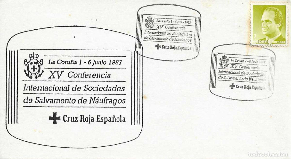 Sellos: CRUZ ROJA SALVAMENTO NAUFRAGOS XV CONFERENCIA, LA CORU&Ntilde;A 1987. MATASELLOS EN RARO SOBRE ILUSTRADO