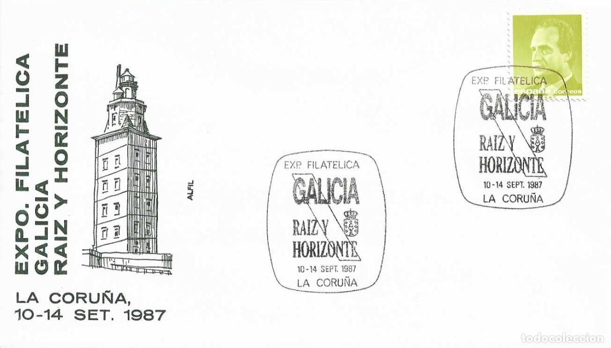 Sellos: GALICIA RAIZ Y HORIZONTE EXPOSICION, LA CORU&Ntilde;A 1987. MATASELLOS SOBRE ALFIL FARO TORRE DE HERCULES
