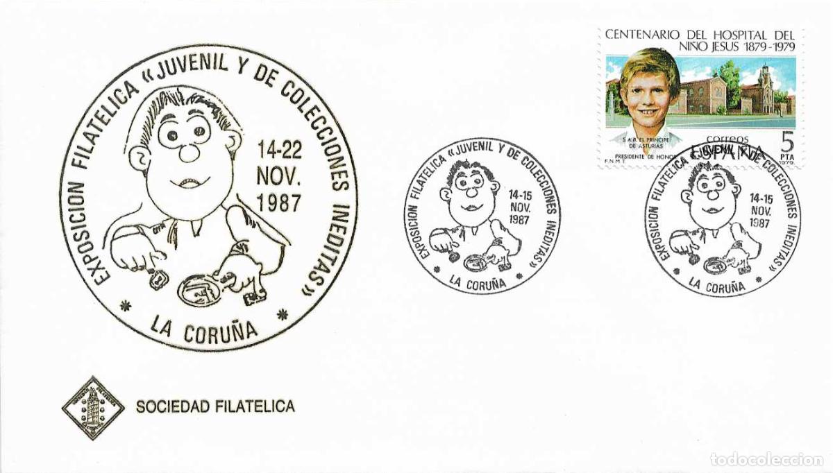 Sellos: EXPOSICION JUVENIL Y DE COLECCIONES INEDITAS, LA CORU&Ntilde;A 1987. MATASELLOS RARO SOBRE ILUSTRADO